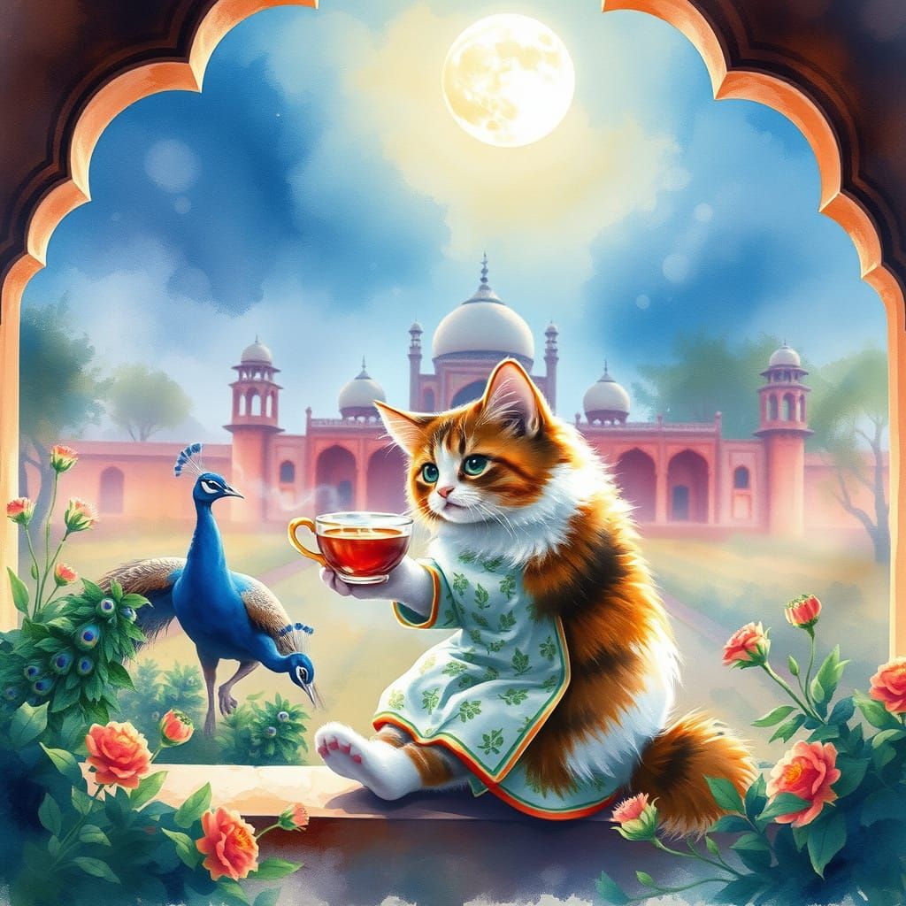 Calico Cat Sips Chai in Mughal Garden Watercolor