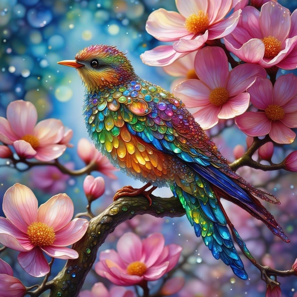Glass Bird Amidst Vibrant Cherry Blossoms in an Enchanted Ga...
