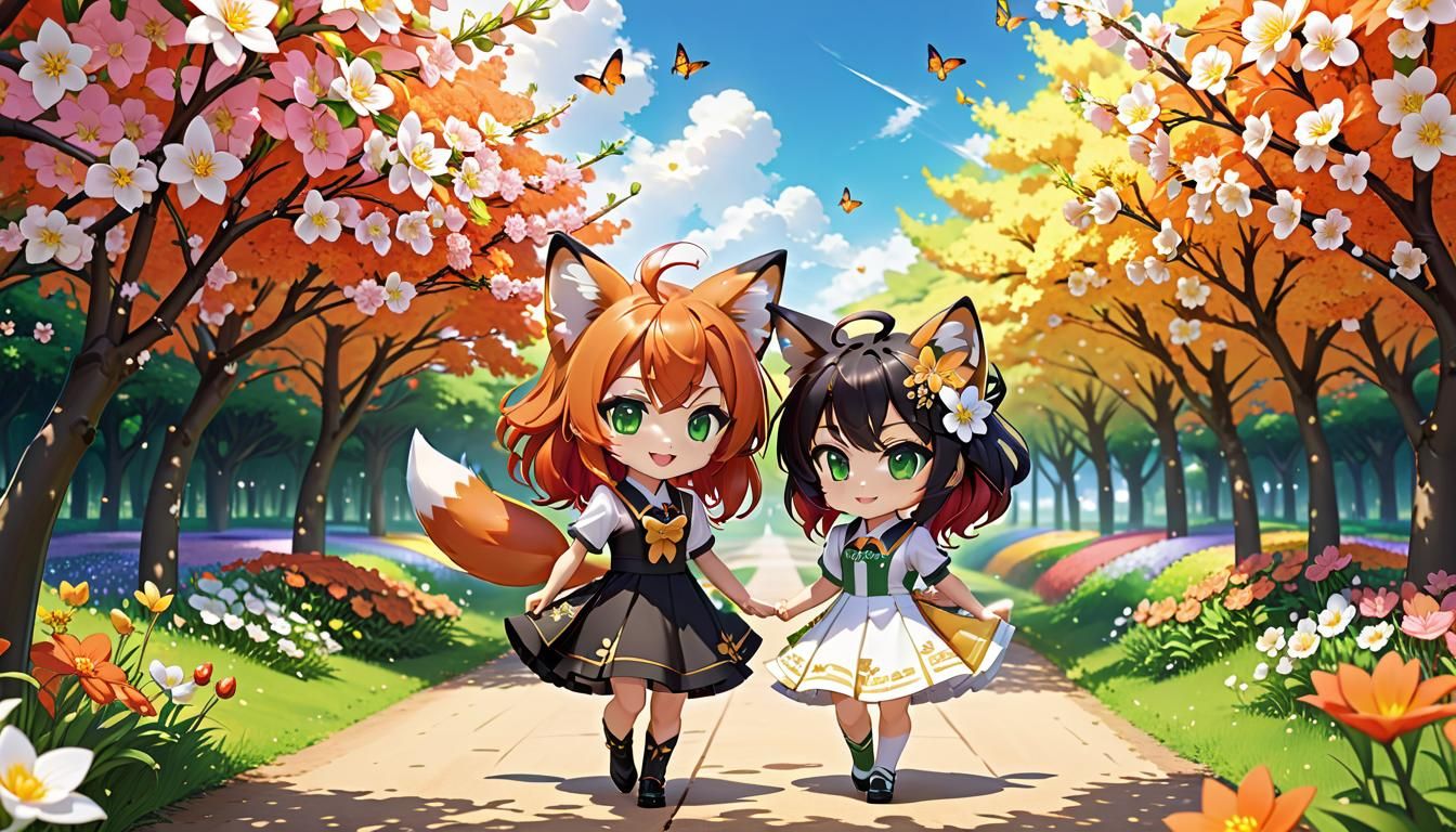 Cute Chibi Girls Painting in Sunny Anime Landscape