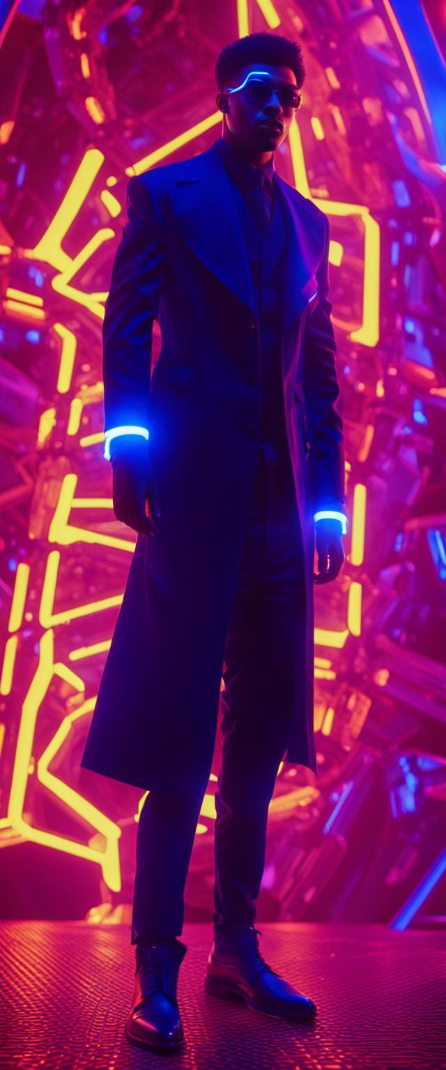 Young Man Posing Heroically in Futuristic High-Tech Attire