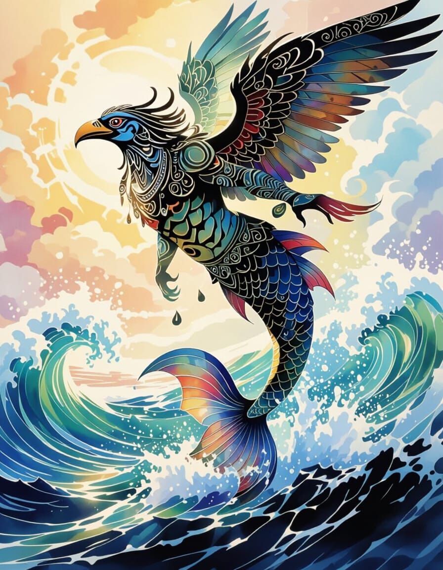 Manaia Creature Rises From Sea in Watercolor Style