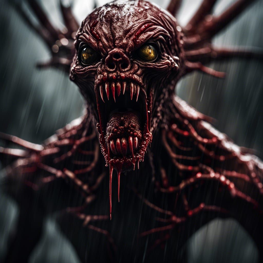 Horrifying Cryptid with Dripping Blood: Hyperrealistic Image