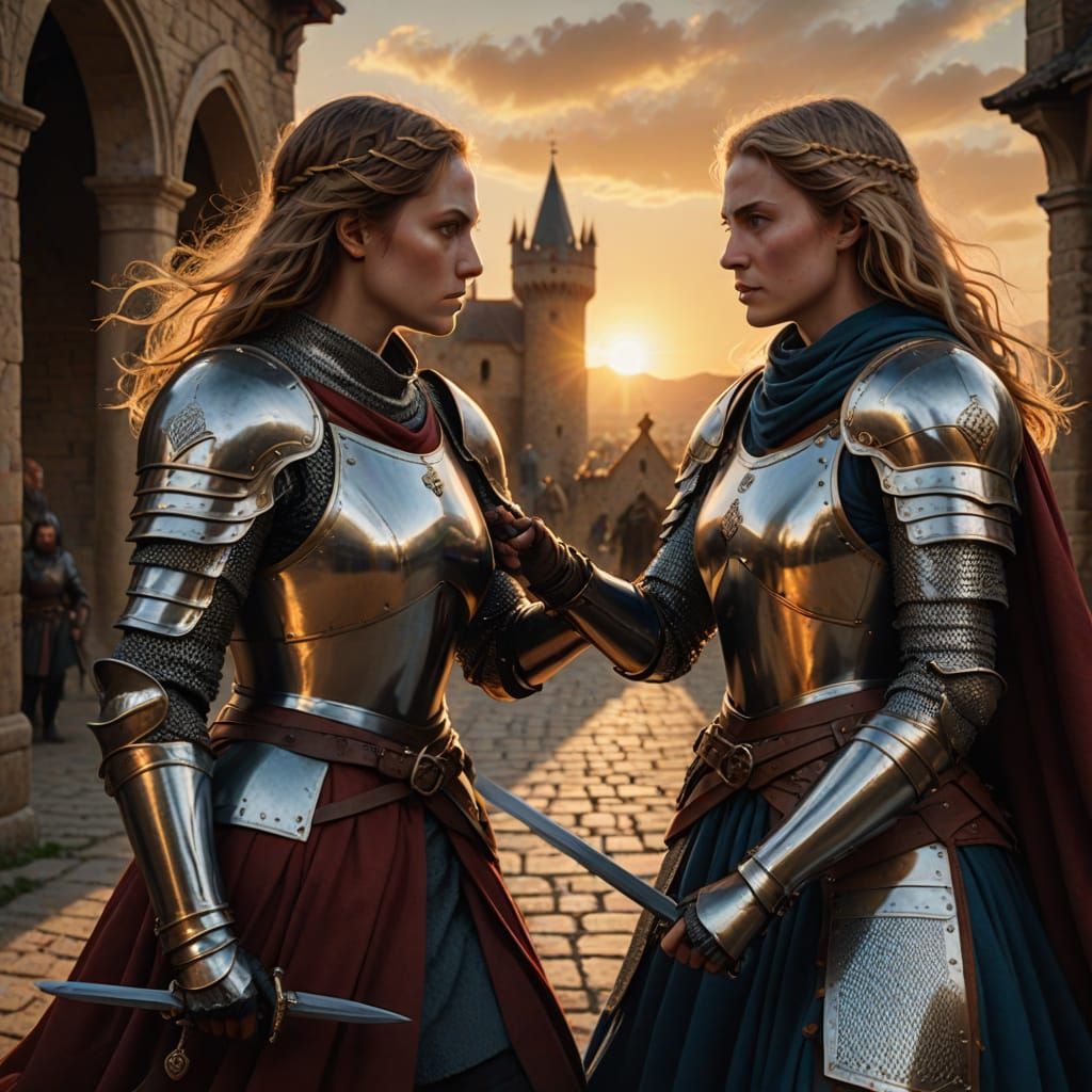 Female Knight in Crimson Cloak in Golden Sunset