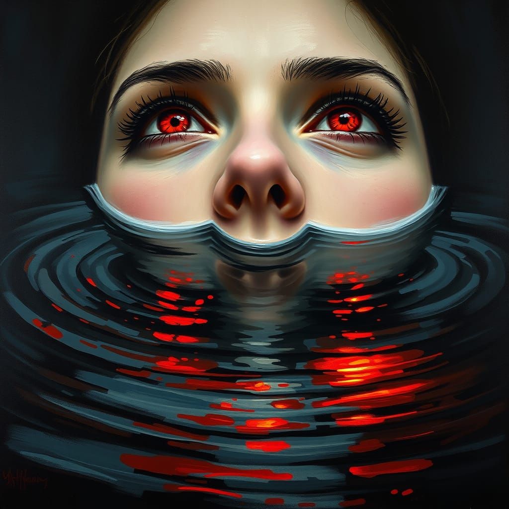 Glowing Red Eyes Reflected in Ripples, in Oil Painting Style
