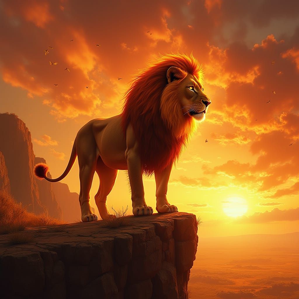 Regal Lion Dominates African Sunset Landscape in Vibrant Dig...