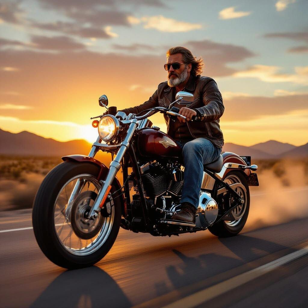 Man Riding Harley Davidson on Desert Highway at Sunset
