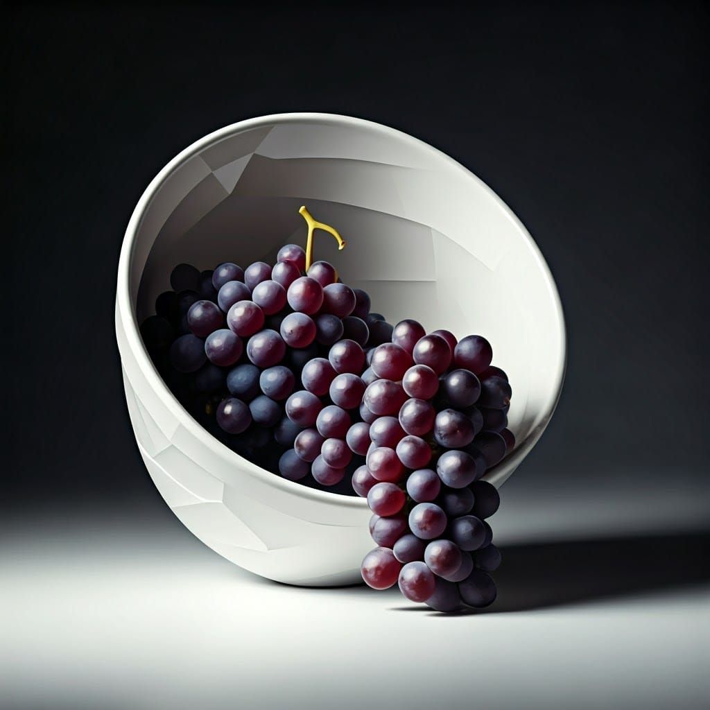 Cubist Grapes Overflowing Bowl in Geometric Style