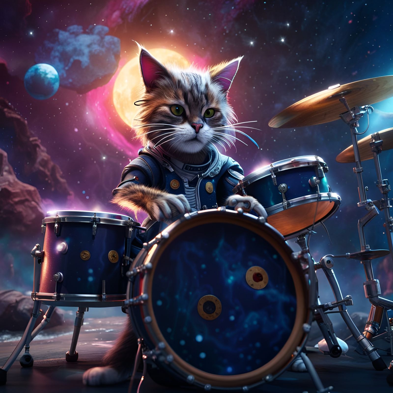 Punk Cat Drummer in Space: Detailed Digital Art