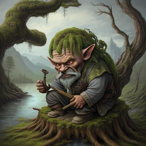 Wizened Goblin Contemplates Riverbank in Earthy Tone