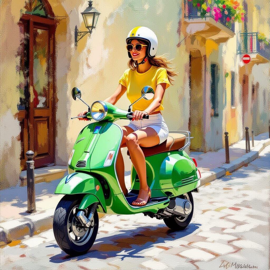 Woman on Green Vespa in Sunlit Cobblestone Street