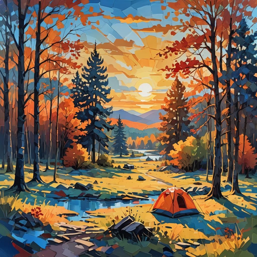 Impressionist Family Camping Scene at Sunset