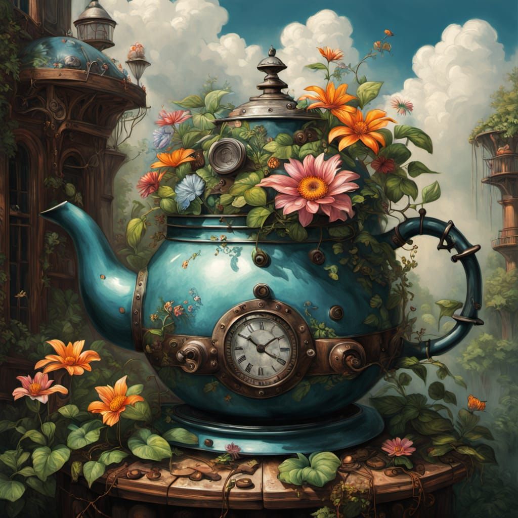 Lush Jungle Thriving in Steampunk Kettle