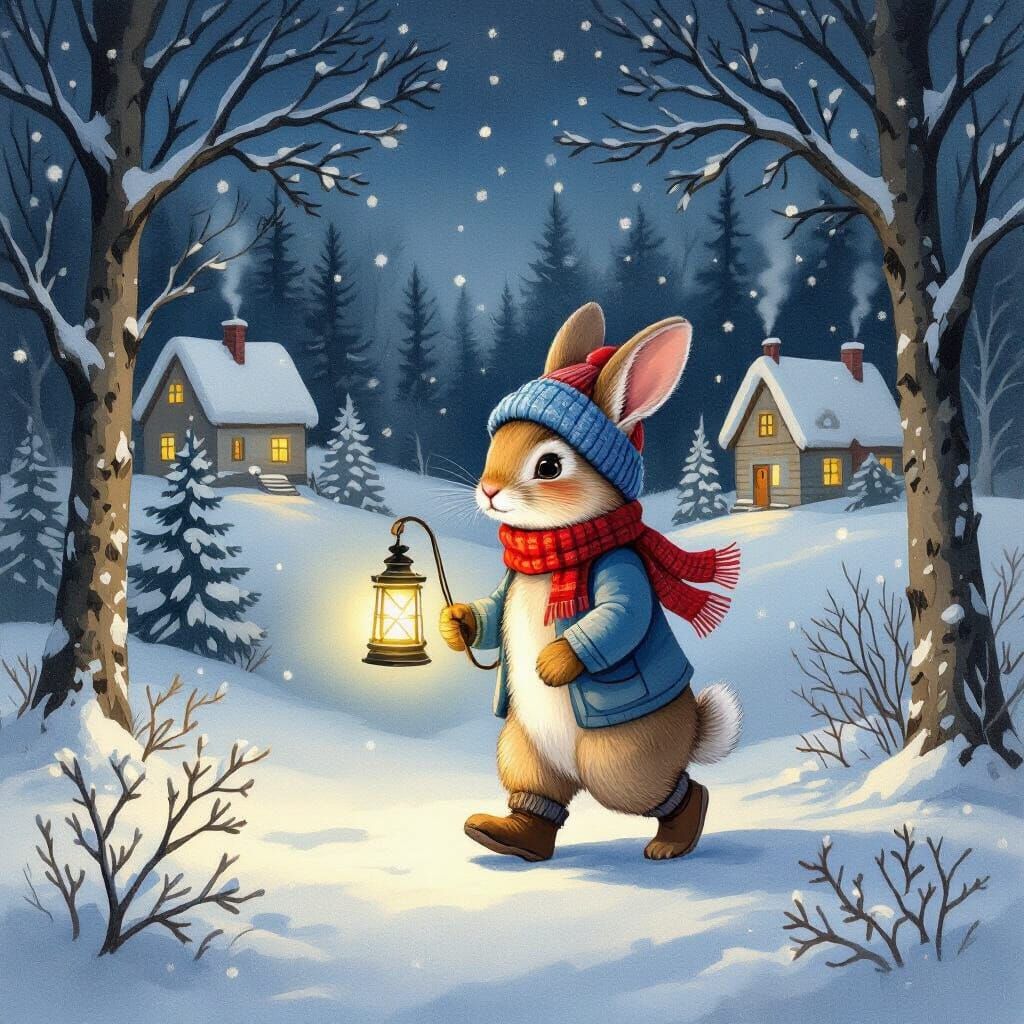 Rabbit with Lantern in Snowy Forest, Cozy Homes