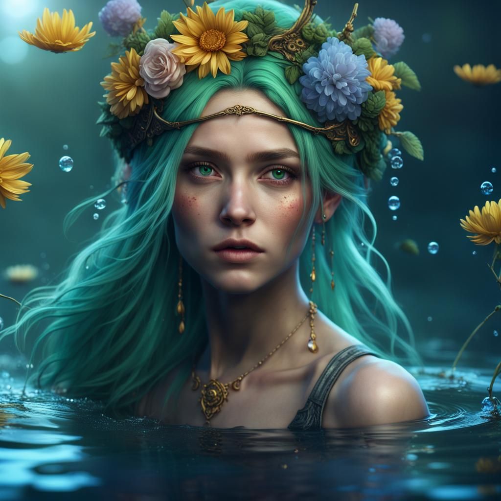 Girl in Water with Golden Hair, Fantasy Art