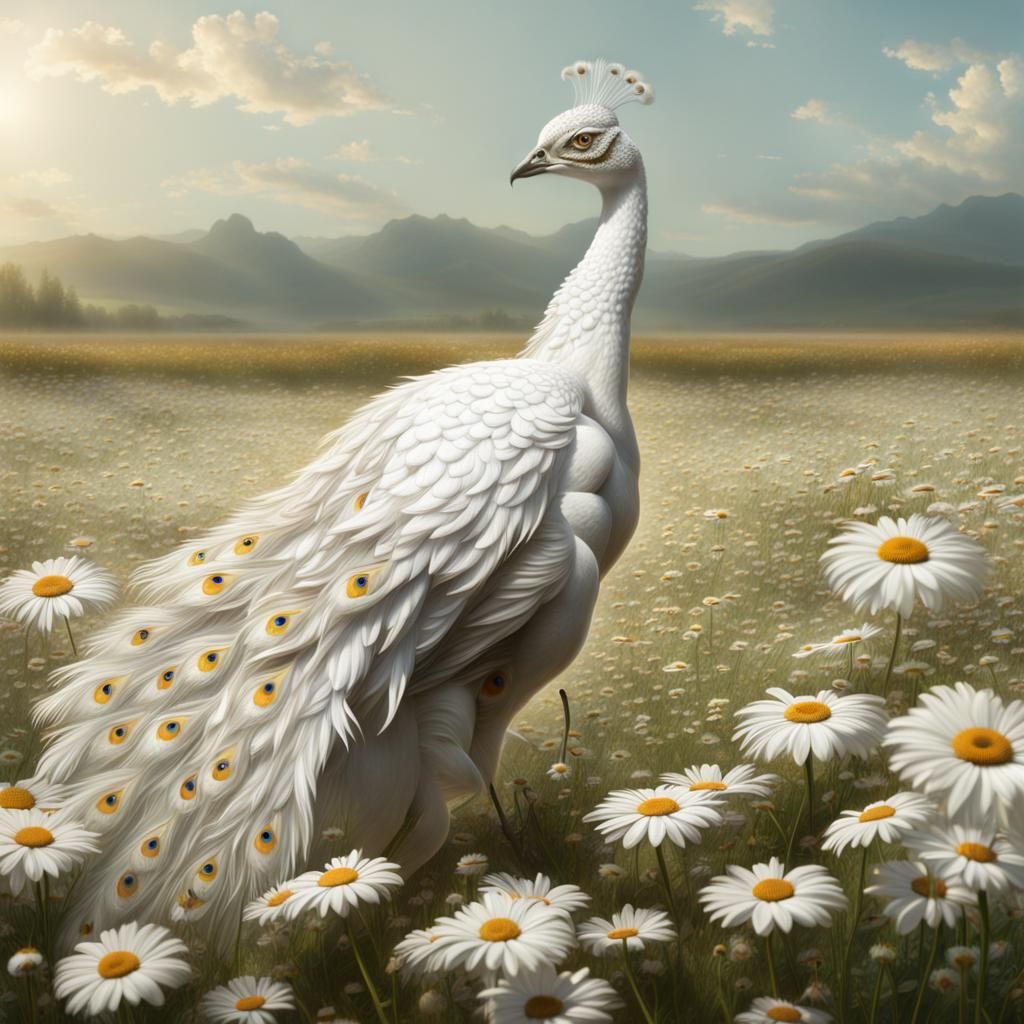 White Peacock in Daisies: Matte Painting