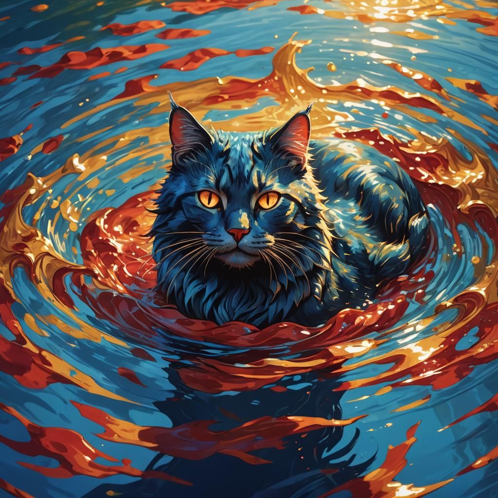 Blue Cat Swimming in Red Pool: Fantasy Art
