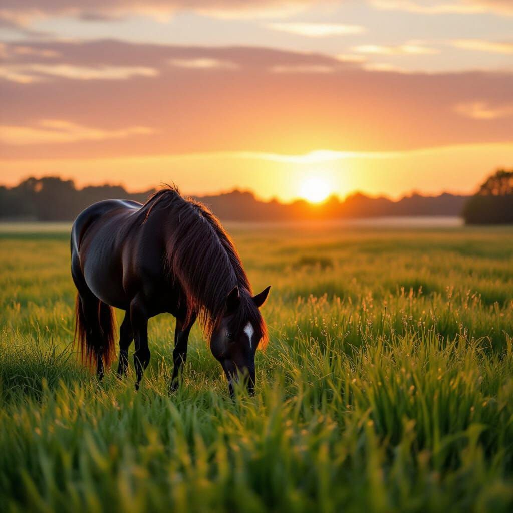 Majestic Black Friesian Horse Grazing at Sunrise