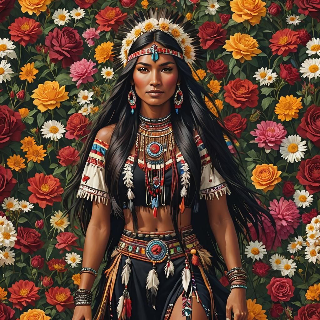 Happy lady in tribal clothing surrounded by flowers