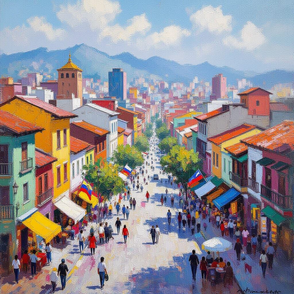 Monet-Style Medellin Cityscape: Vibrant Market Scene