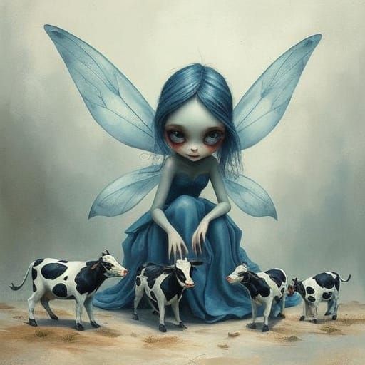 Whimsical Fairy with Elongated Forms Playing with Cows