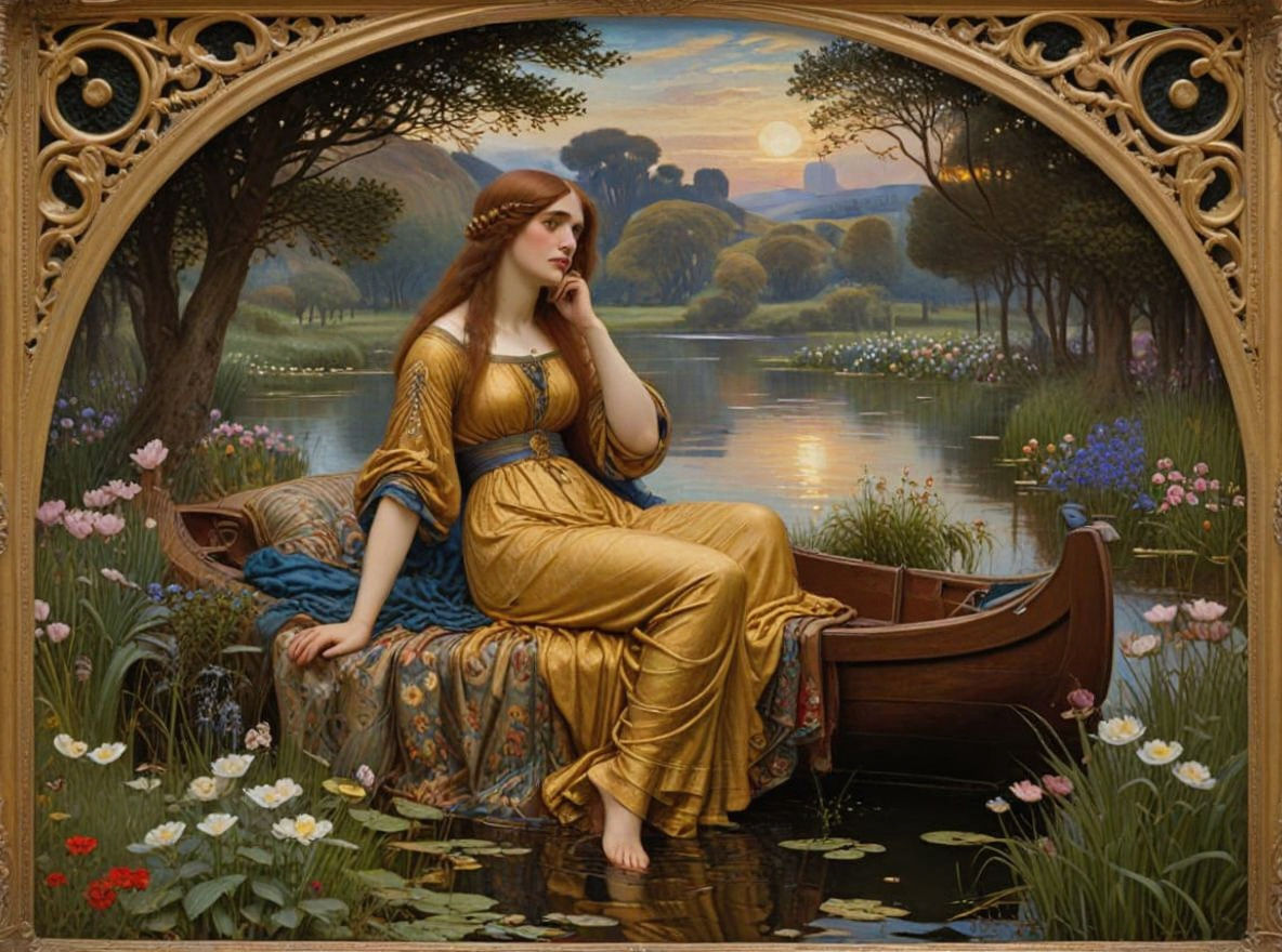 Victorian Lake Scene in Pre-Raphaelite Style