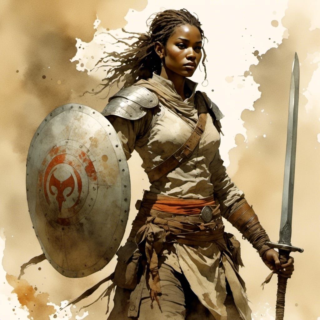 Female Warrior with Sword and Shield in Comic Style