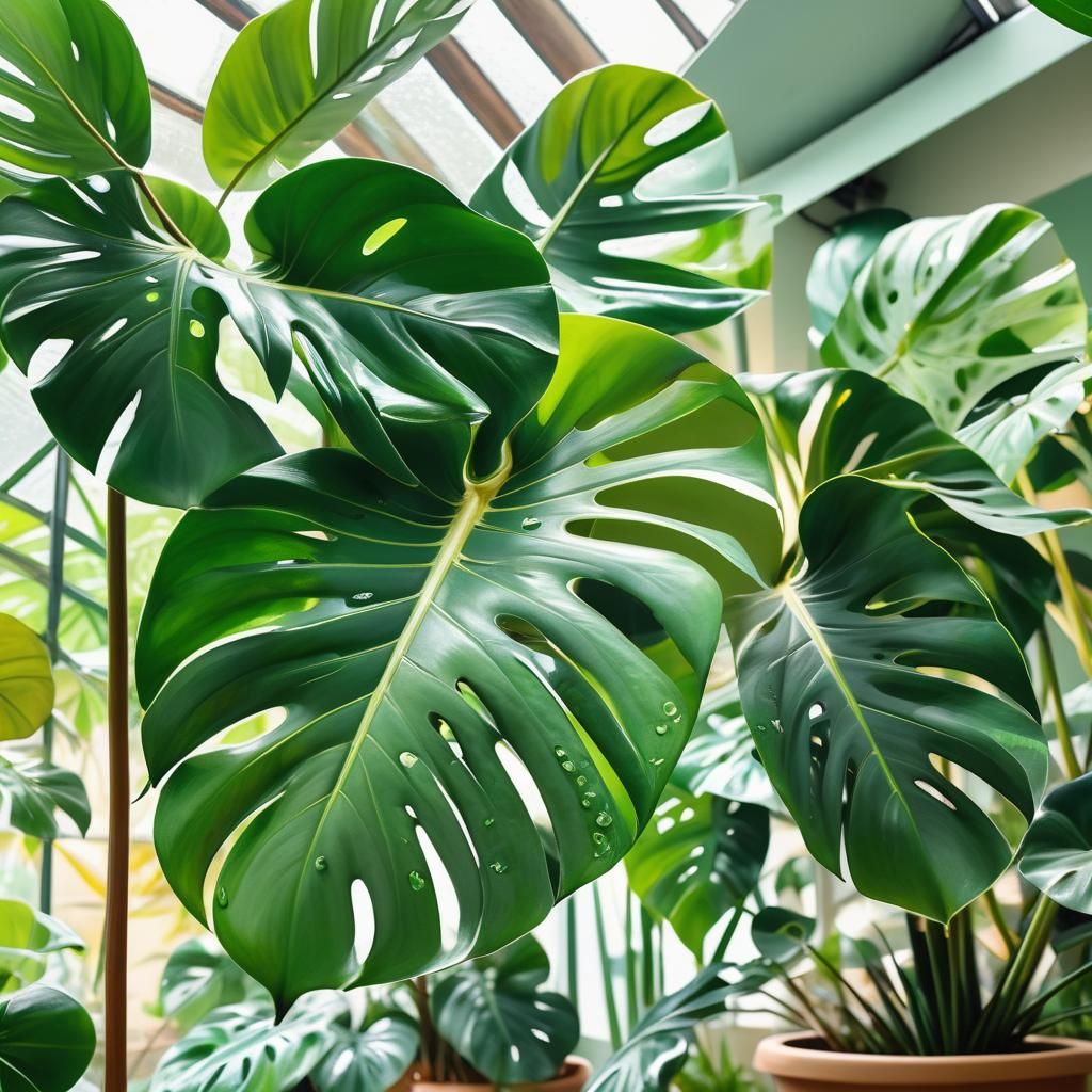 Lush Monstera Plant in Impressionistic Greenhouse