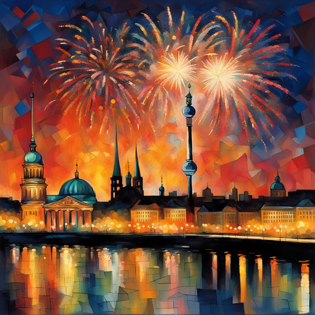 Fireworks Over Berlin in Impressionist Cubist Style