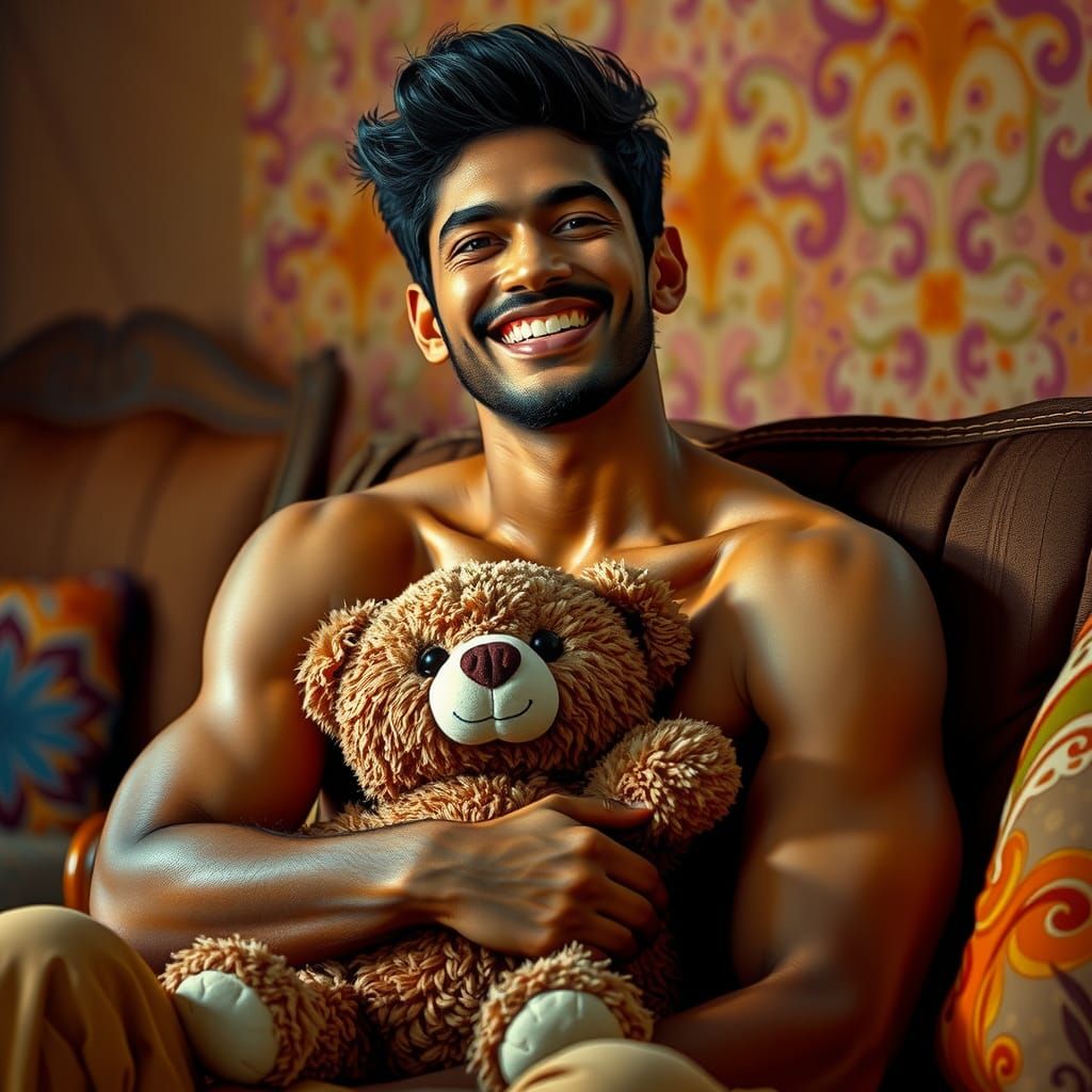 Joyful Indian Man with Teddy Bear: Hyperrealistic Portrait