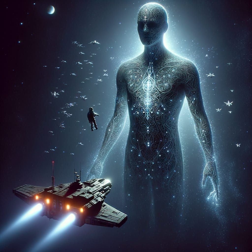 Deep Space Encounter with Glowing Humanoid Figure