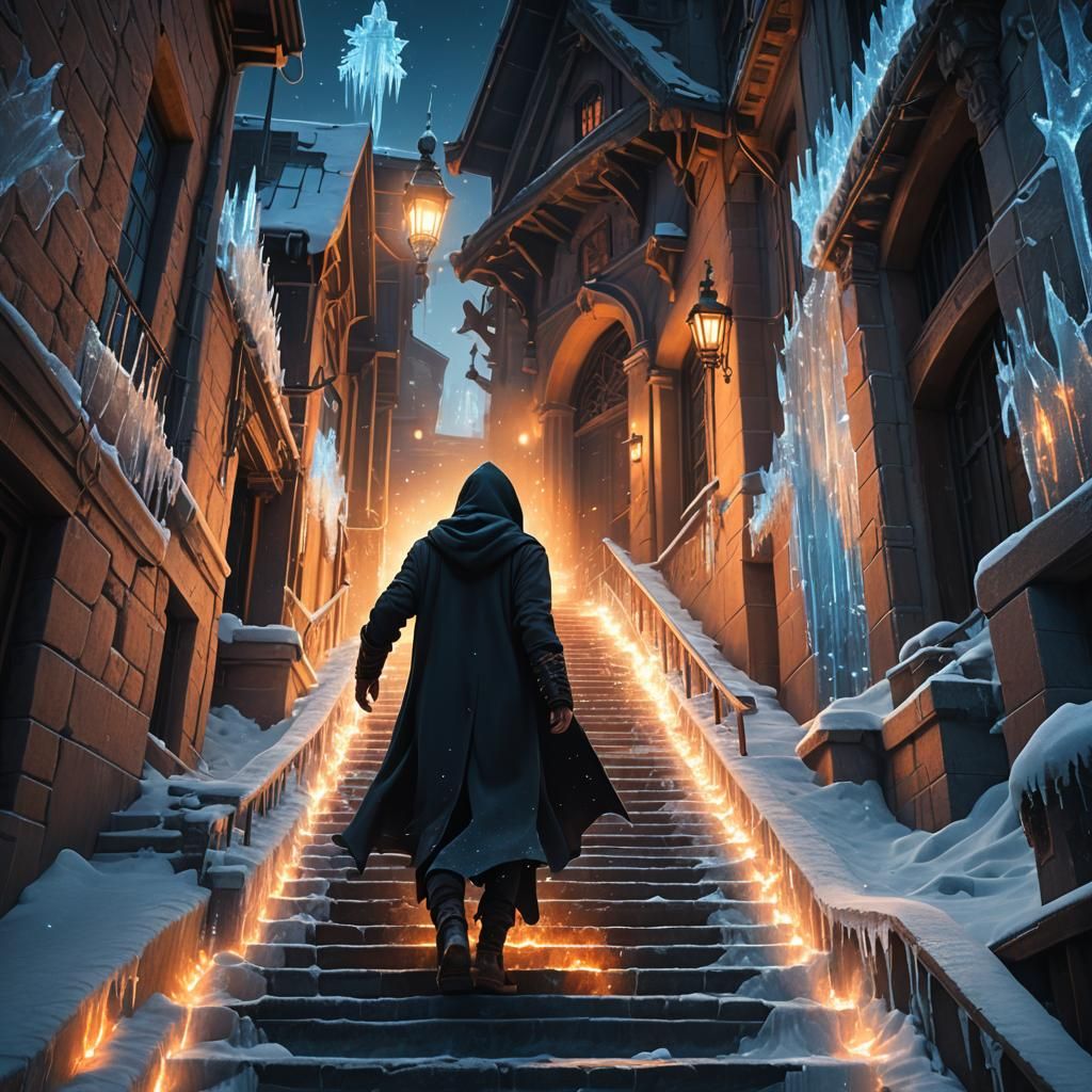 Mystical Figure Descends Glistening Ice Staircase