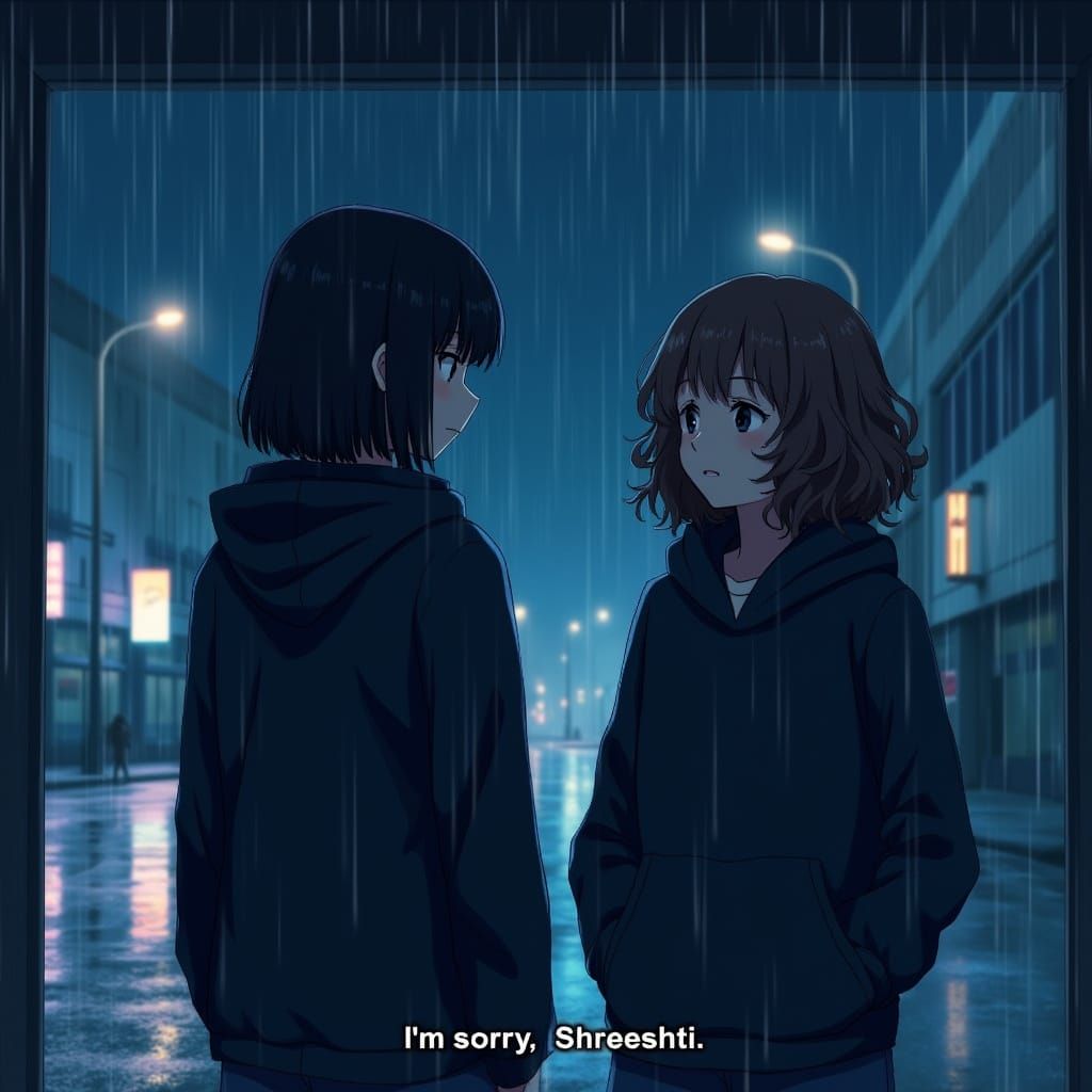 Anime Bus Stop Scene: Sad Girl in Rainy Night