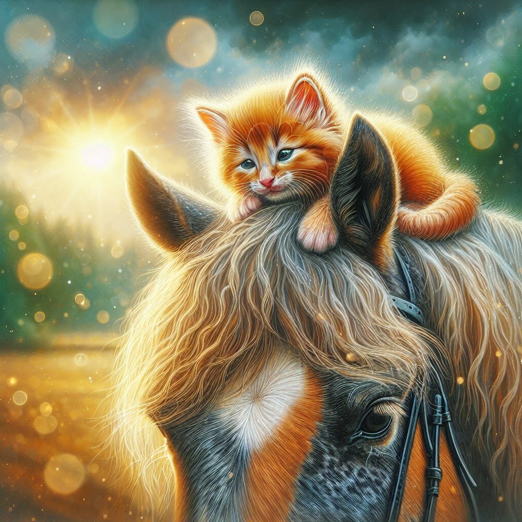 Kitten Comfortably Nests on Horse's Head