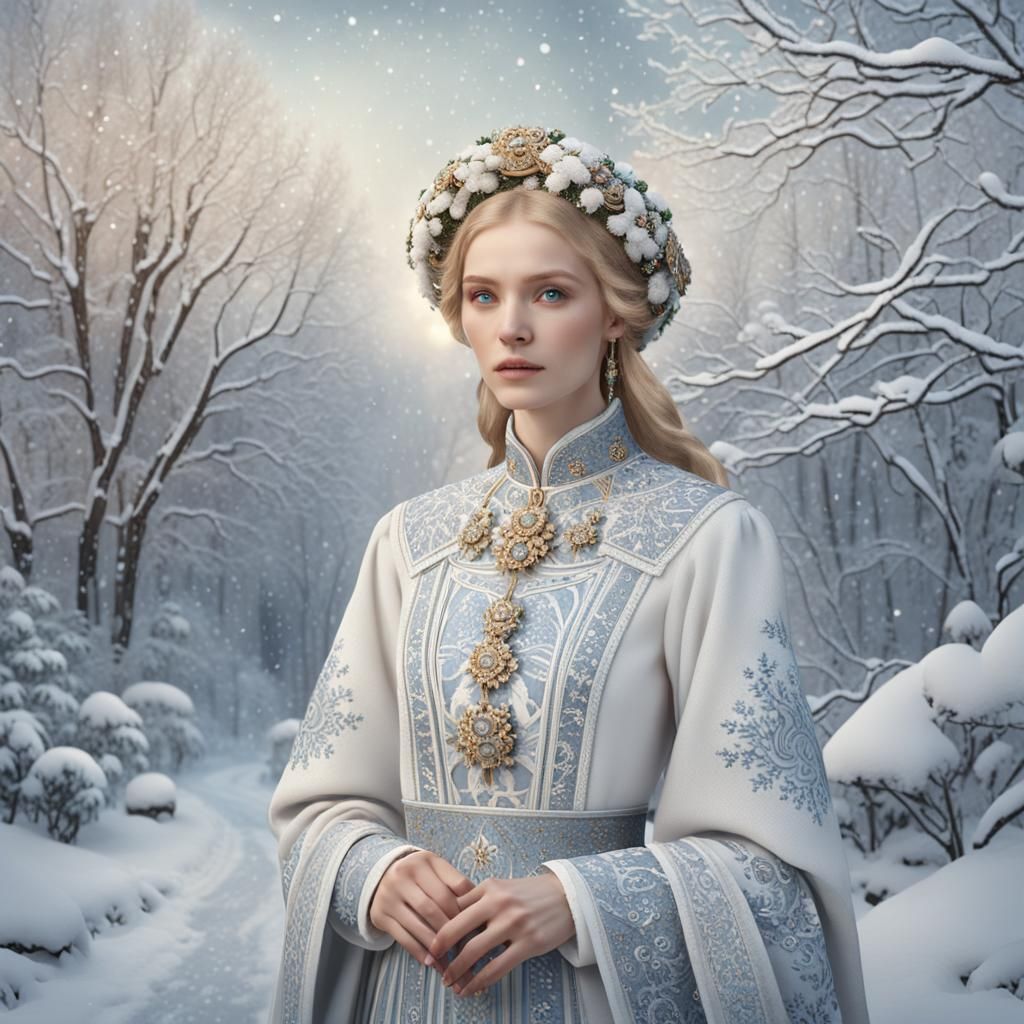 Slavic Model in Snowy Moscow, Art Deco Style