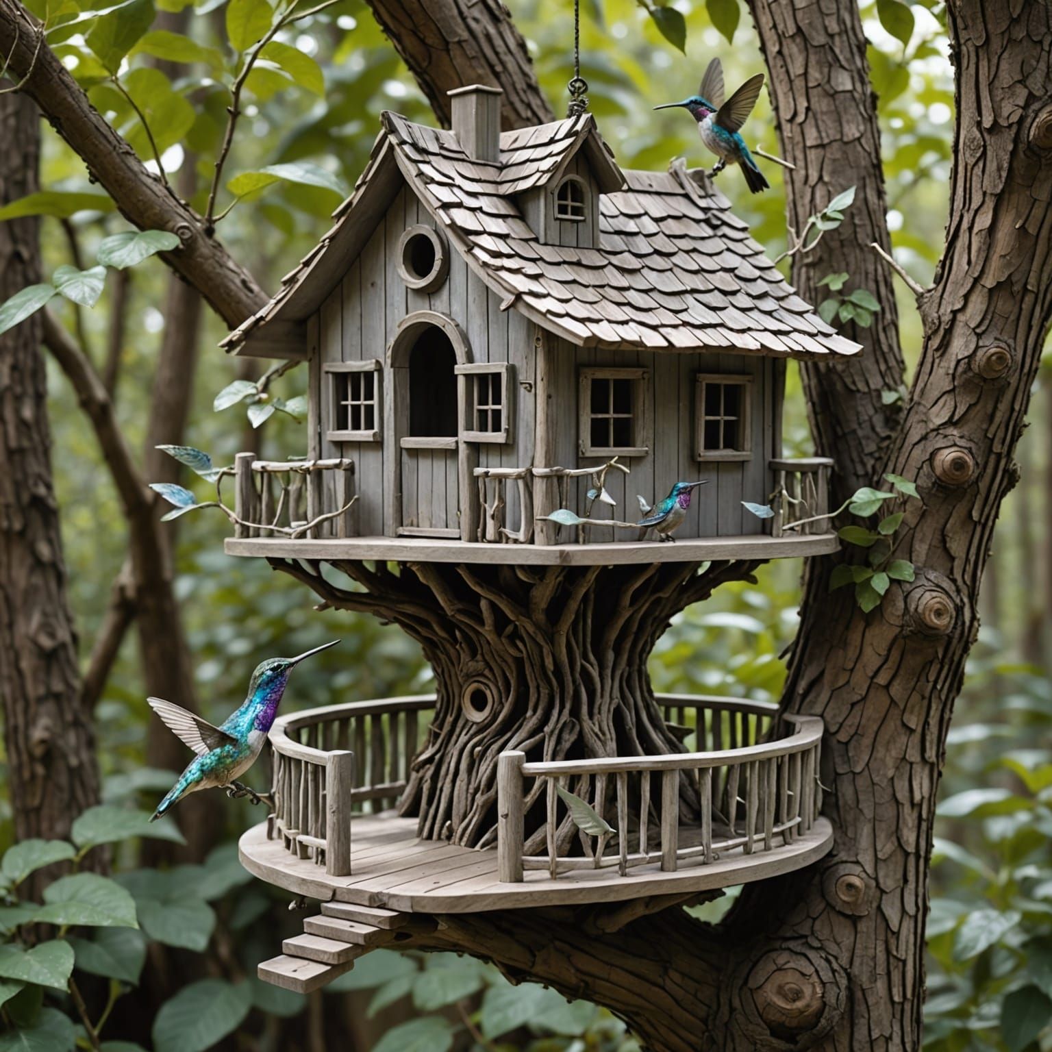 Surrealist Hummingbird Treehouse in Dreamlike Settings