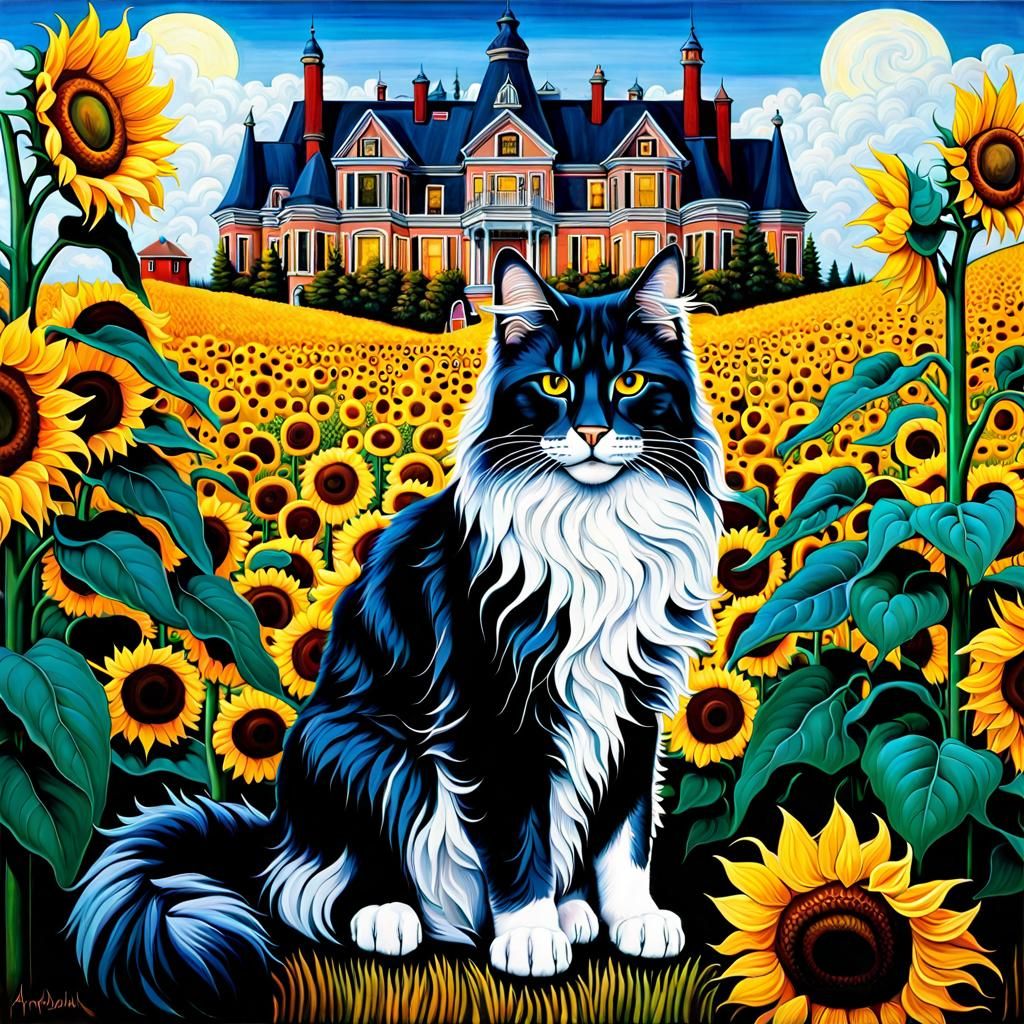 Majestic Maine Coon Cat in Sunflower Field
