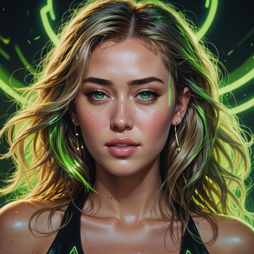 Miley Cyrus Portrait with Neon Green Background