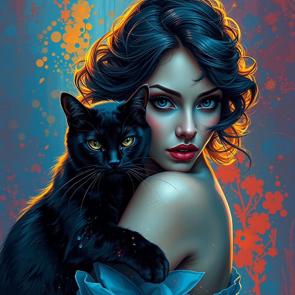 Woman Embracing a Black Cat in Ethereal Light