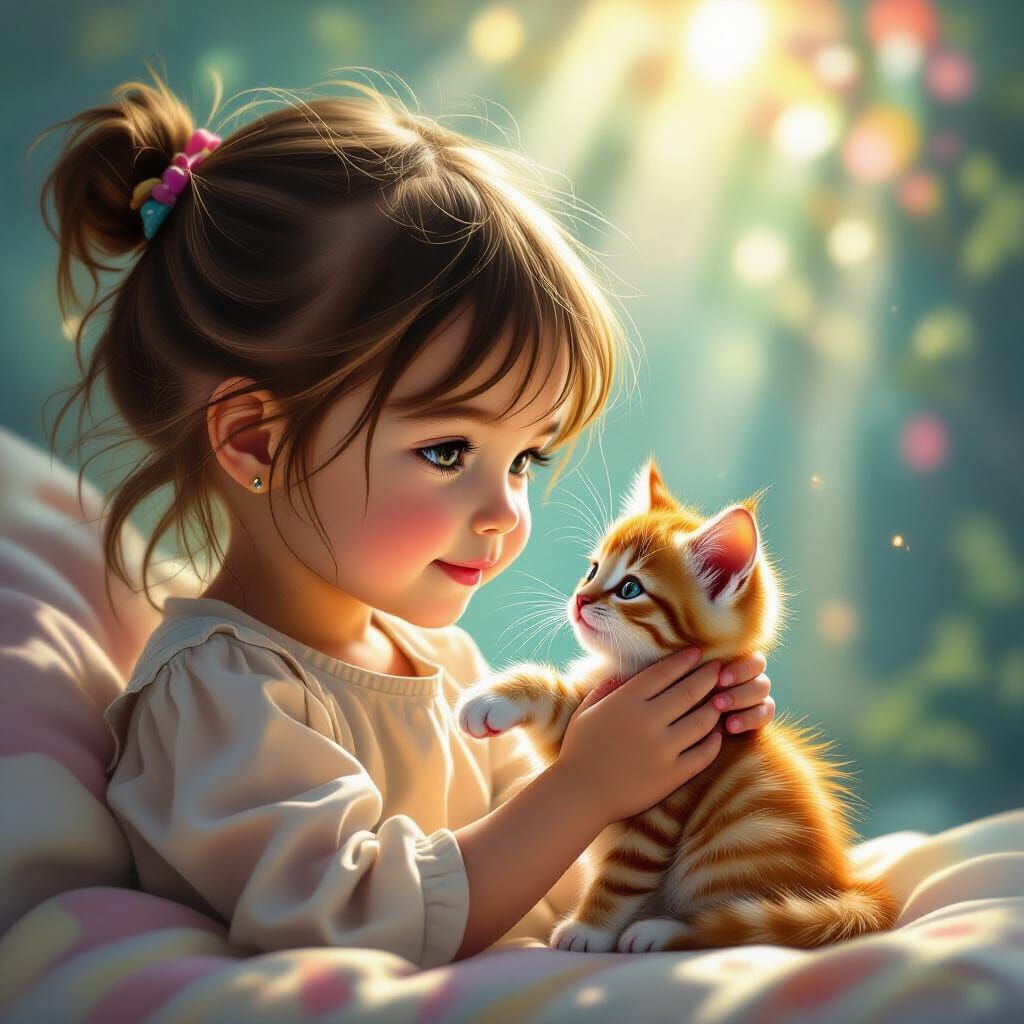 Girl Holds Kitten in Sunbeams, Hyperrealistic Splash Art