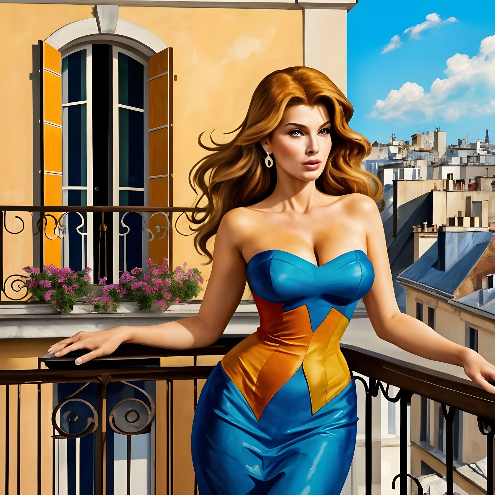 Matisse-Inspired Portrait of Raquel Welch on a Parisian Balc...