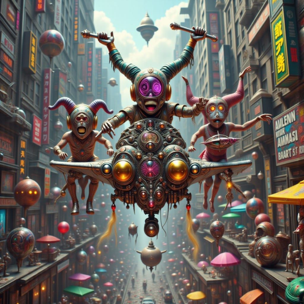 Cyborg Jesters Ride Anti-Gravity Gondolas Through Neon-Lit M...