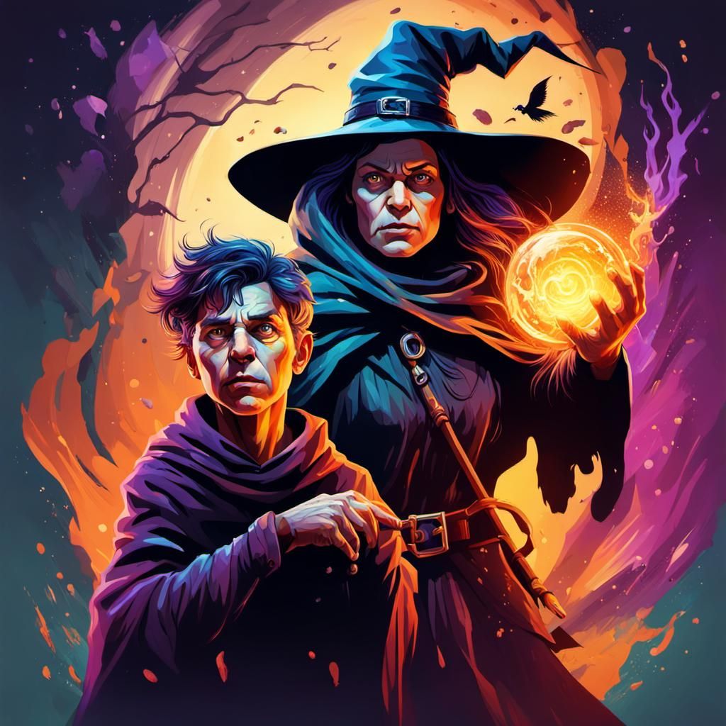 Witch Protects Wizard Boy in Hyperrealistic Art