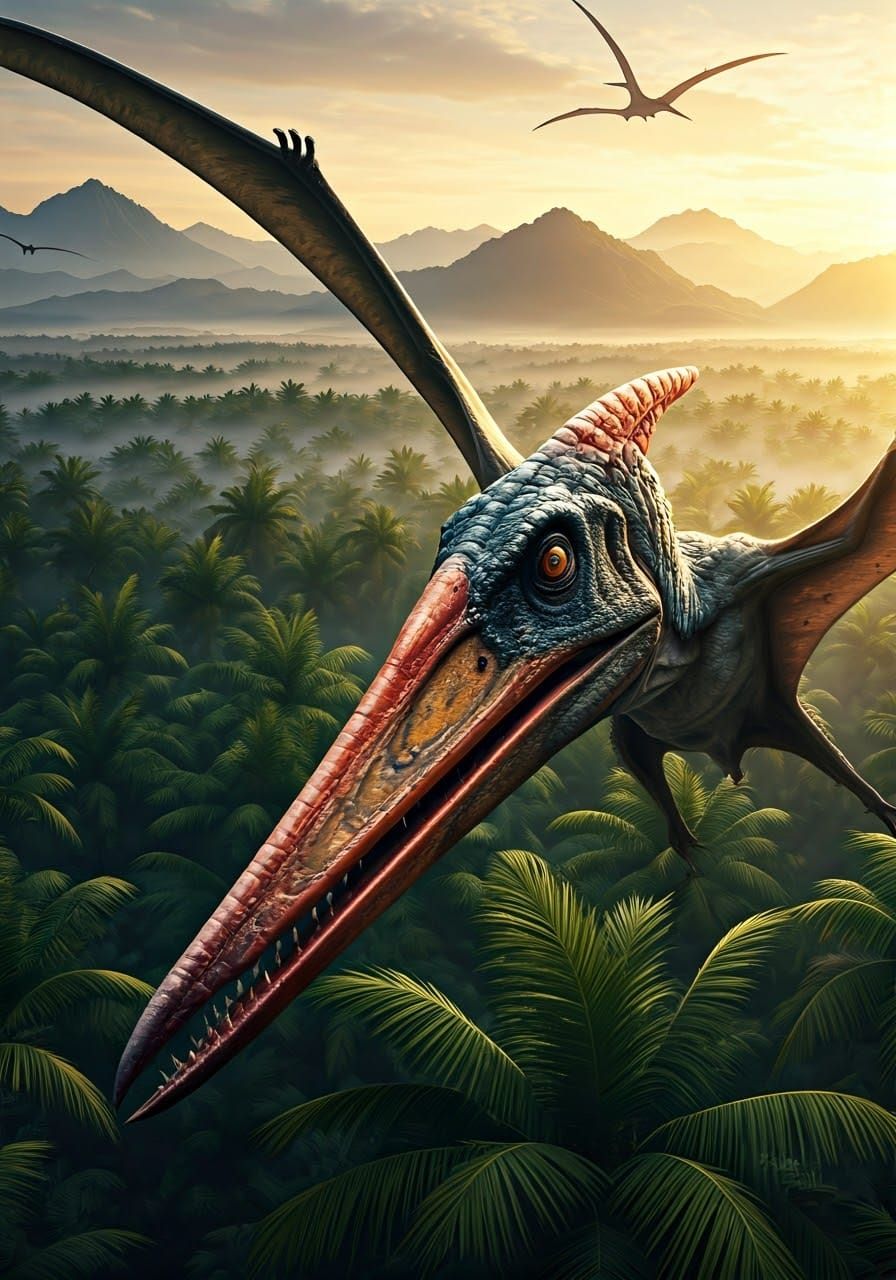 Pterodactyls Soaring Over Tropical Landscape, Ultra-Detailed