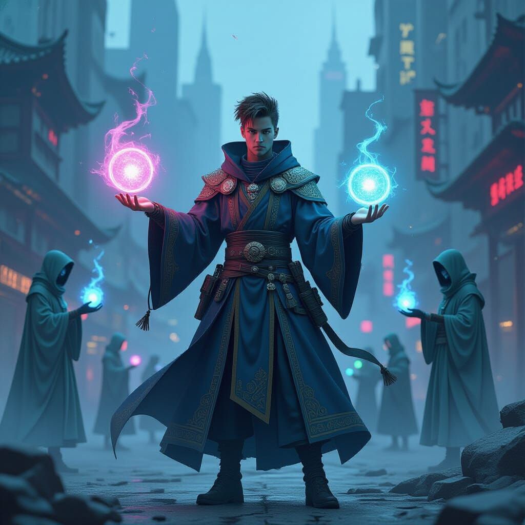 Mage vs AI Sorcerers in Dystopian Cityscape