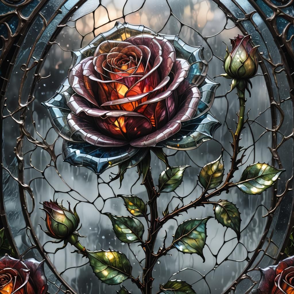 Transparent Stained Glass Rose with Bioluminescent Glow