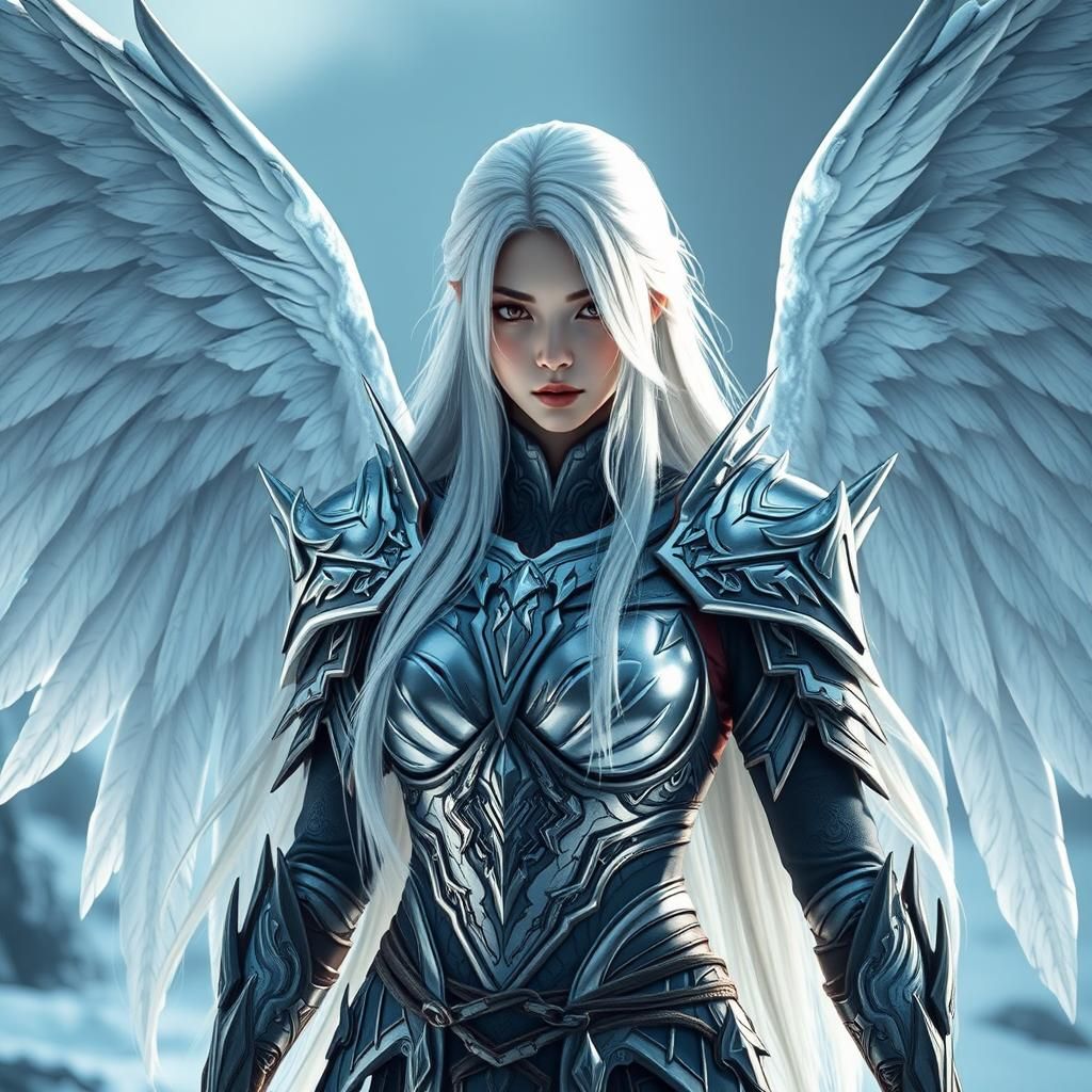 Fantasy Warrior Woman with Gothic Armor in Frozen Landscape