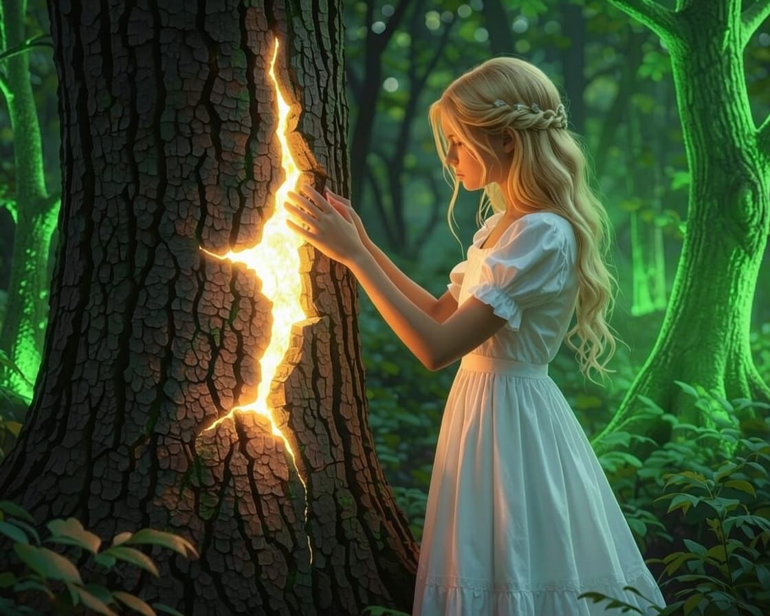 Dark Fantasy Art: Girl Touches Glowing Tree