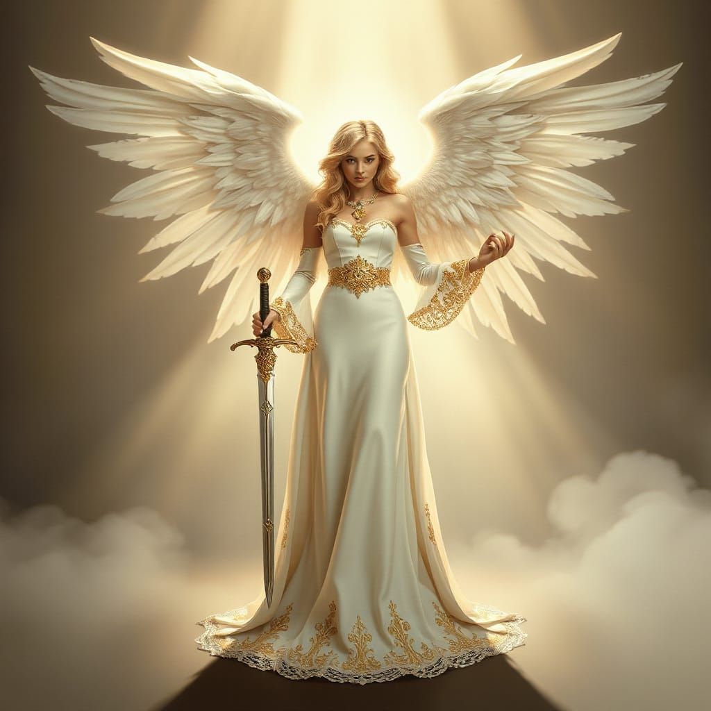 Majestic Angel with Sword in Ethereal Style