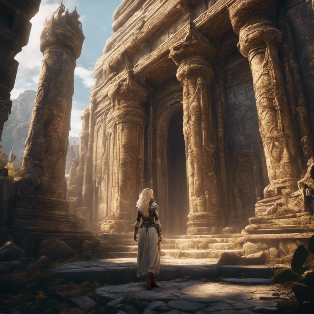 Blonde Explorer at Ancient Temple Entrance: Detailed Matte P...