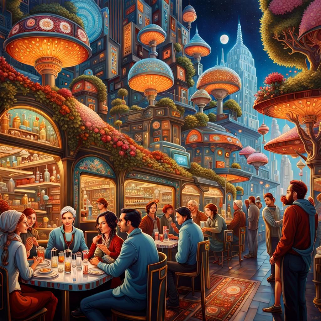 Robot Village Restaurant District: Hypermaximalist CGI Art
